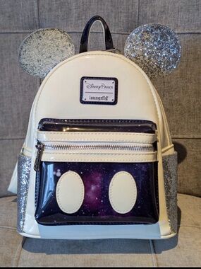 Loungefly Space Mountain Cream Mini Backpack with Silver Glitter Ears